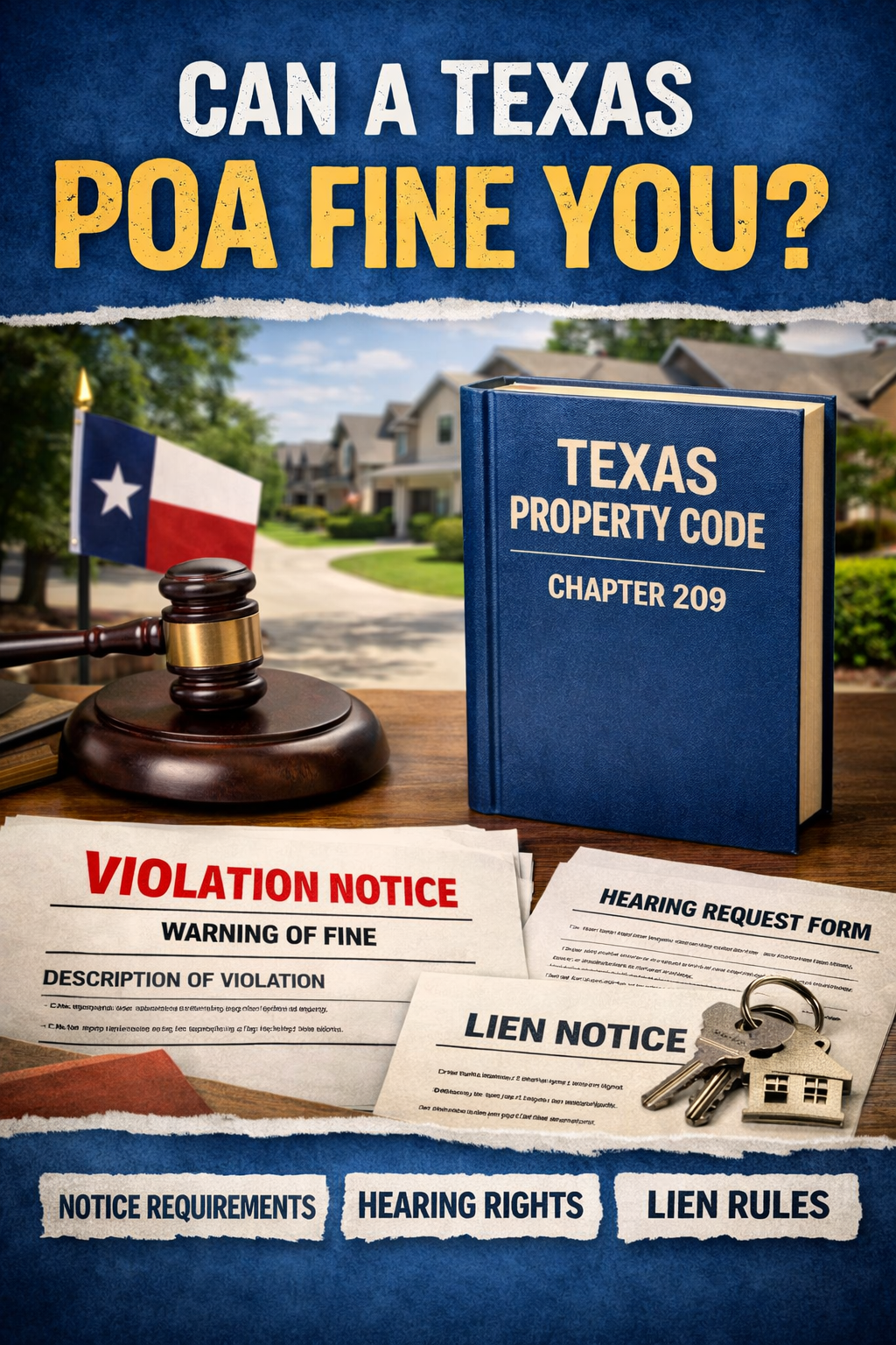 Residential Texas neighborhood with HOA entrance sign and documents referencing Chapter 209 of the Texas Property Code, illustrating homeowner rights in POA fine disputes.