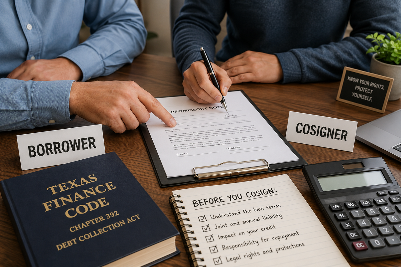 Texas borrower and cosigner signing a promissory note while reviewing loan documents and the Texas Finance Code, illustrating cosigner liability, debt collection law, and consumer rights in Texas.