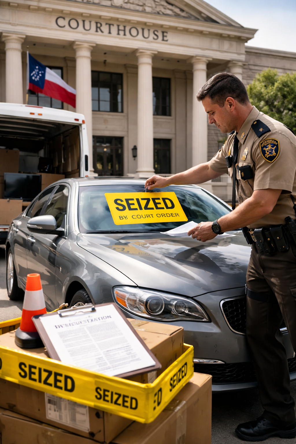 A sheriff’s deputy places a bright yellow “Seized by Court Order” notice on a silver car parked outside a Texas courthouse with tall columns. Nearby, boxes and property marked “seized” sit beside legal documents on a clipboard, illustrating enforcement of a writ of sequestration under court authority.