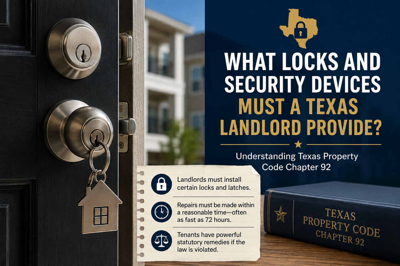 Texas rental property door with deadbolt and keys beside an infographic explaining landlord lock and security device requirements under Texas Property Code Chapter 92.