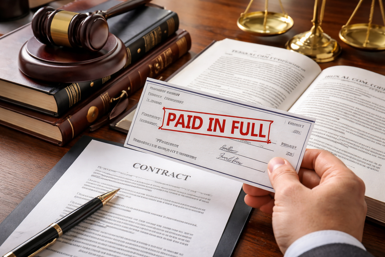 Texas lawyer reviewing a check marked “paid in full” with legal documents and statute books on a desk, symbolizing accord and satisfaction under Texas law