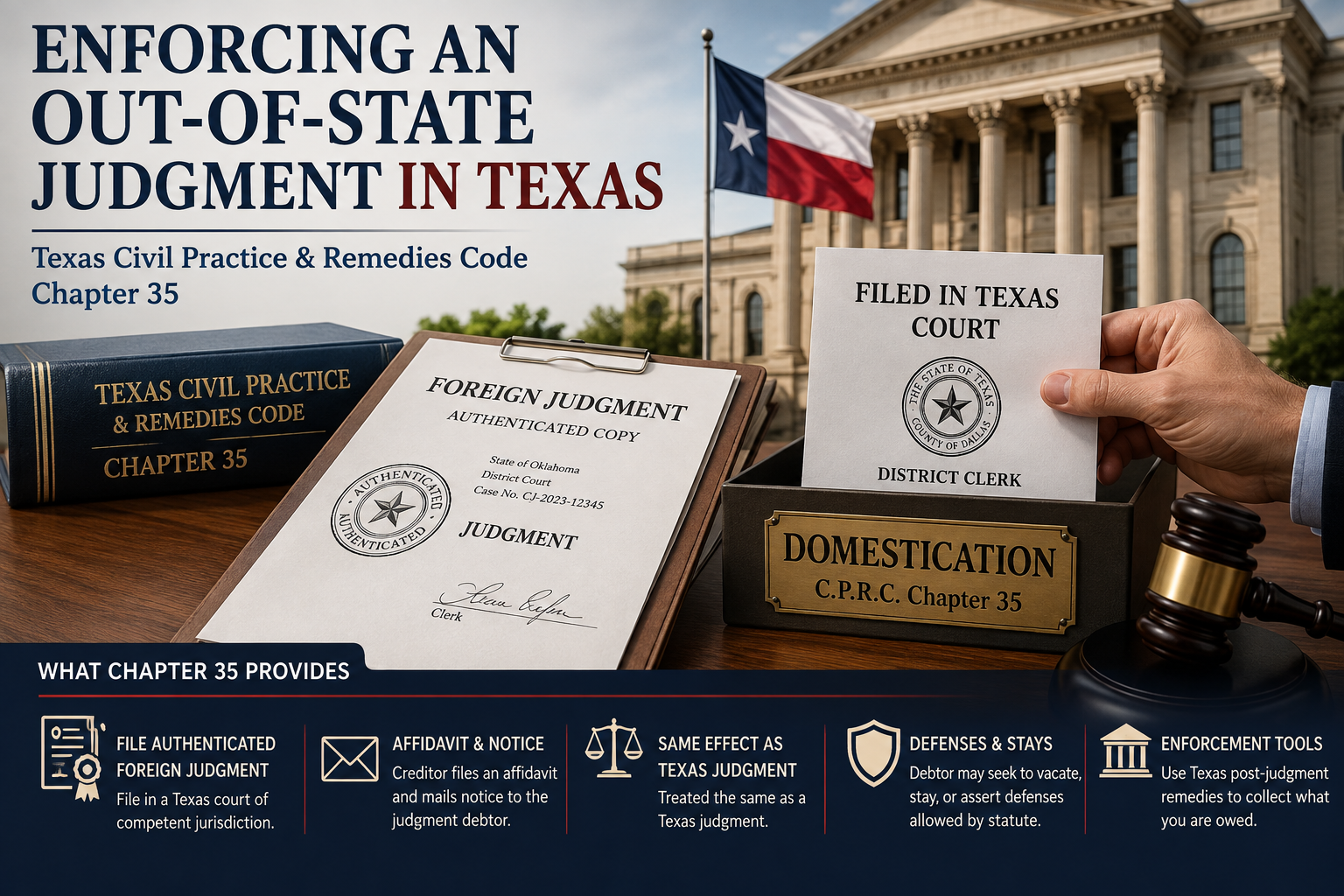 Texas courthouse, state flag, gavel, and authenticated out-of-state judgment being filed in Texas court, illustrating domestication and enforcement of foreign judgments under Texas Civil Practice and Remedies Code Chapter 35.