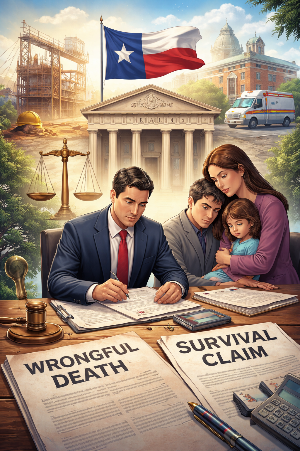 Texas wrongful death and survival claim legal illustration showing courthouse, grieving family, and attorney reviewing legal documents under Texas law