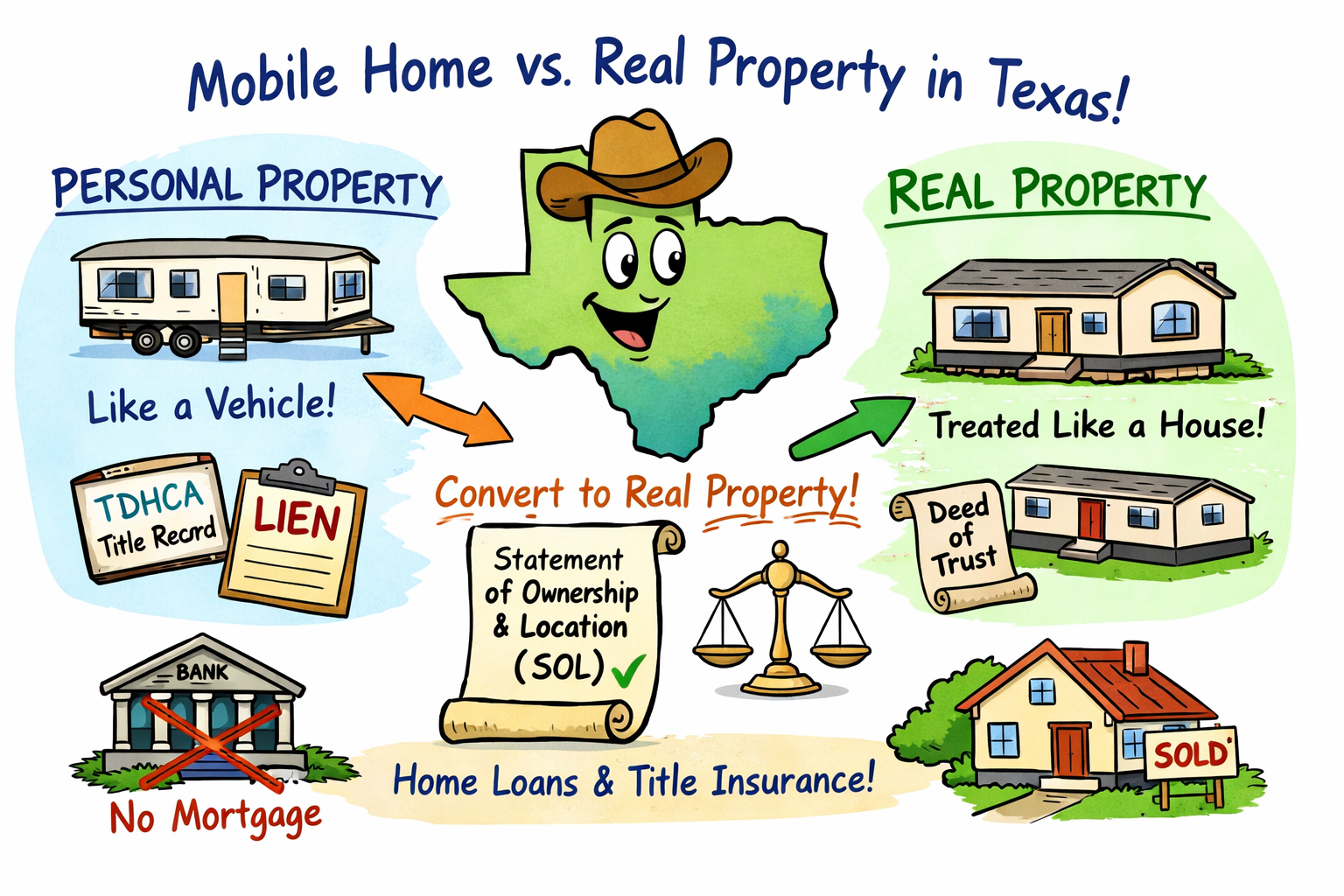 Learn how Texas law classifies mobile and manufactured homes, when they are personal property, and how to convert a manufactured home into real property through the Statement of Ownership and Location process.