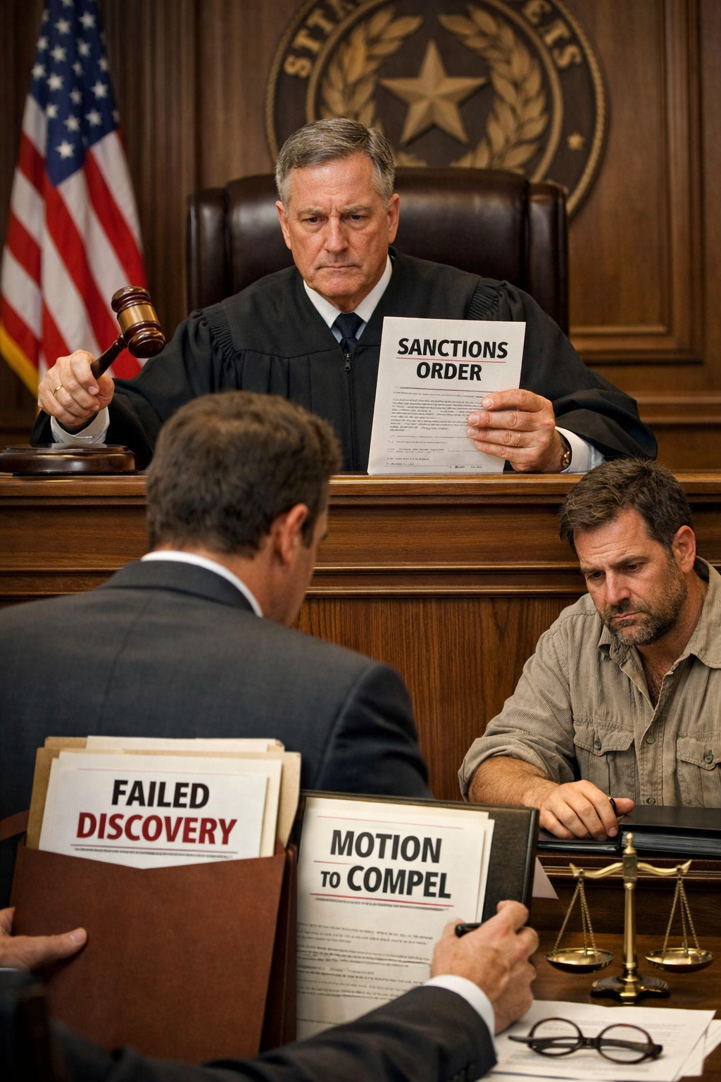 A courtroom scene depicting a judge imposing sanctions on a litigant for failing to comply with discovery rules, symbolizing enforcement of Texas Rule of Civil Procedure 215.