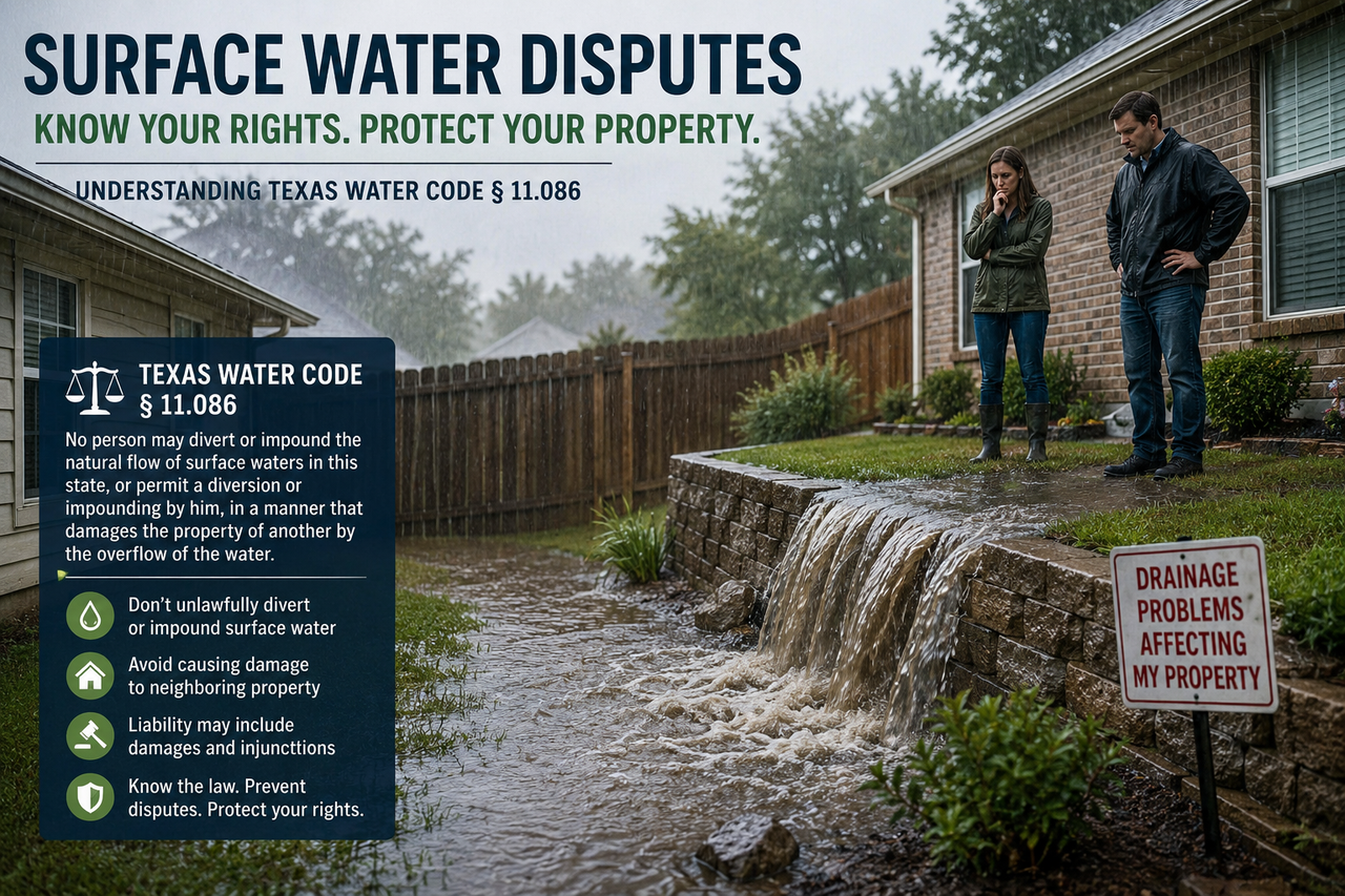 A realistic illustration of heavy rain causing surface water to flow over a retaining wall from one suburban property onto a neighboring yard. Two concerned homeowners observe the flooding while an informational panel highlights Texas Water Code § 11.086 regarding unlawful diversion of surface water. The image visually represents Texas property drainage disputes, neighbor flooding issues, and legal liability for altering the natural flow of rainwater.