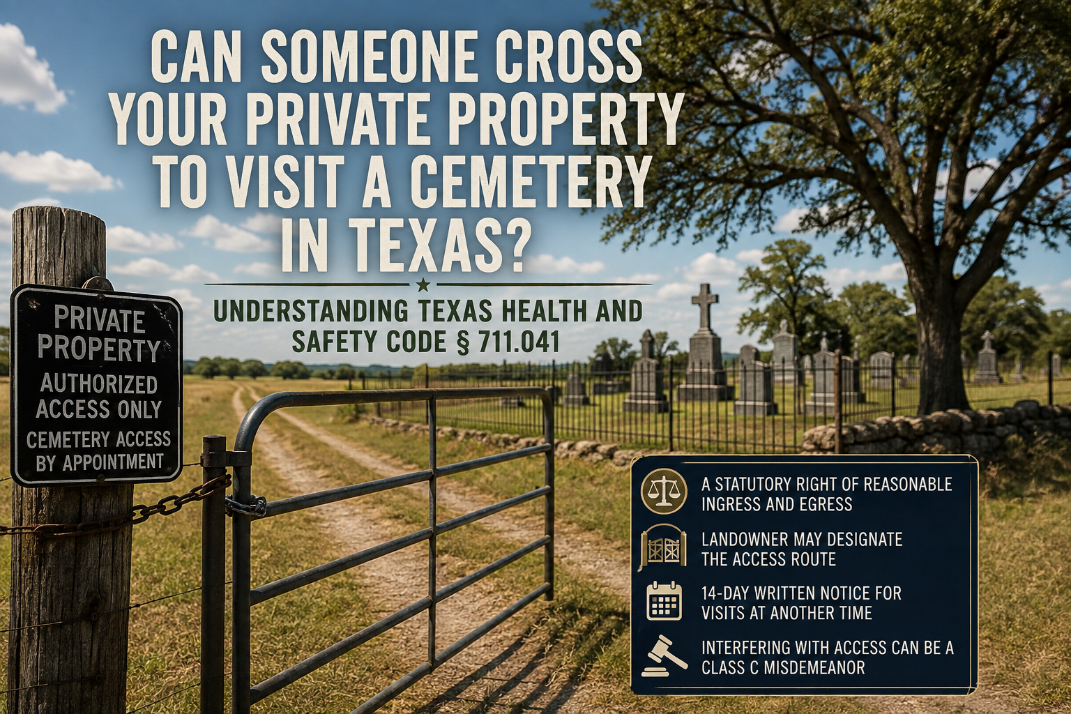 Rural Texas property with a locked gate and private property sign leading to a historic cemetery, illustrating statutory cemetery access rights under Texas Health and Safety Code § 711.041, including reasonable ingress and egress across private land.