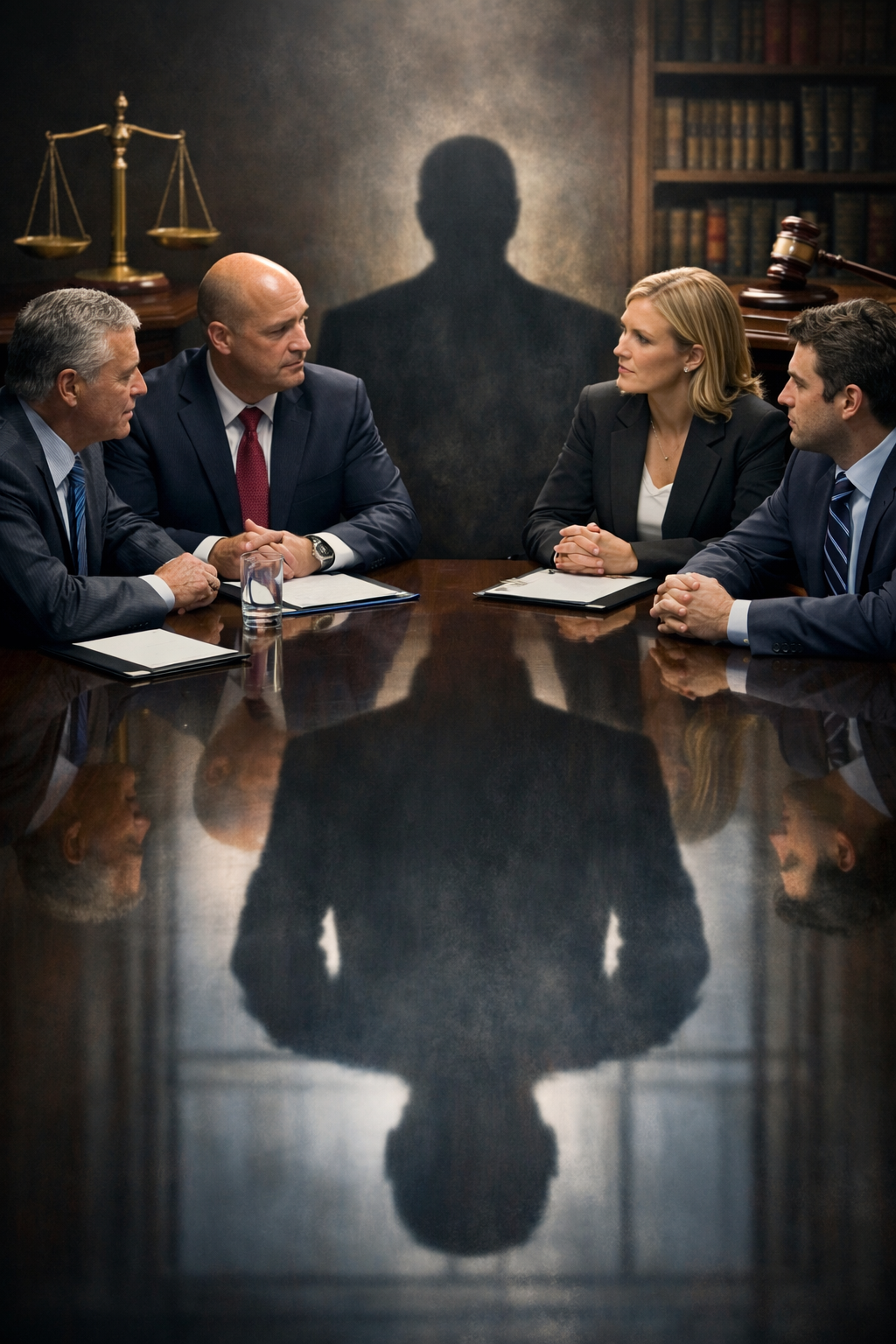 A group of corporate executives sitting at a conference table, with their reflections merging into a single shadow—symbolizing the legal concept that a corporation and its agents are treated as one entity under the intracorporate conspiracy doctrine.