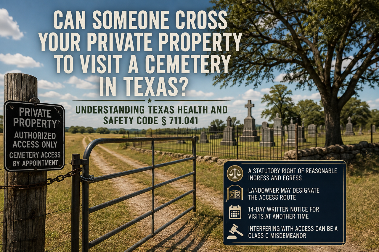 Rural Texas property with a locked gate and private property sign leading to a historic cemetery, illustrating statutory cemetery access rights under Texas Health and Safety Code § 711.041, including reasonable ingress and egress across private land.
