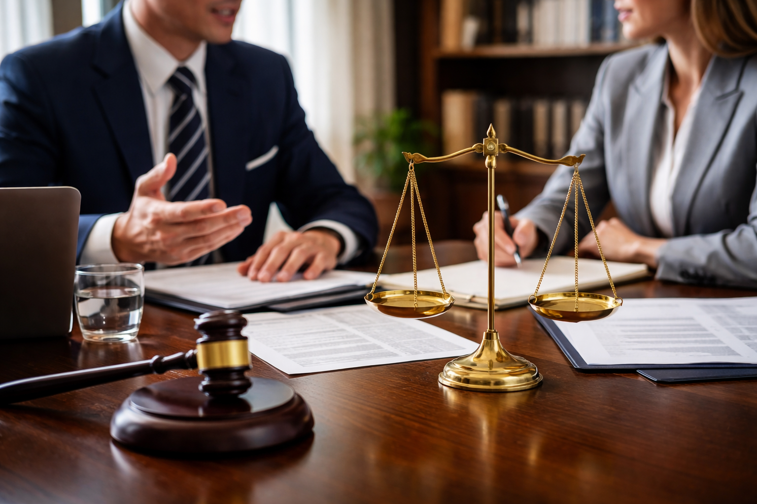 A professional legal scene showing two attorneys negotiating across a conference table with documents and a scale of justice in the background, representing settlement discussions and legal strategy under Texas Rule of Evidence 408.