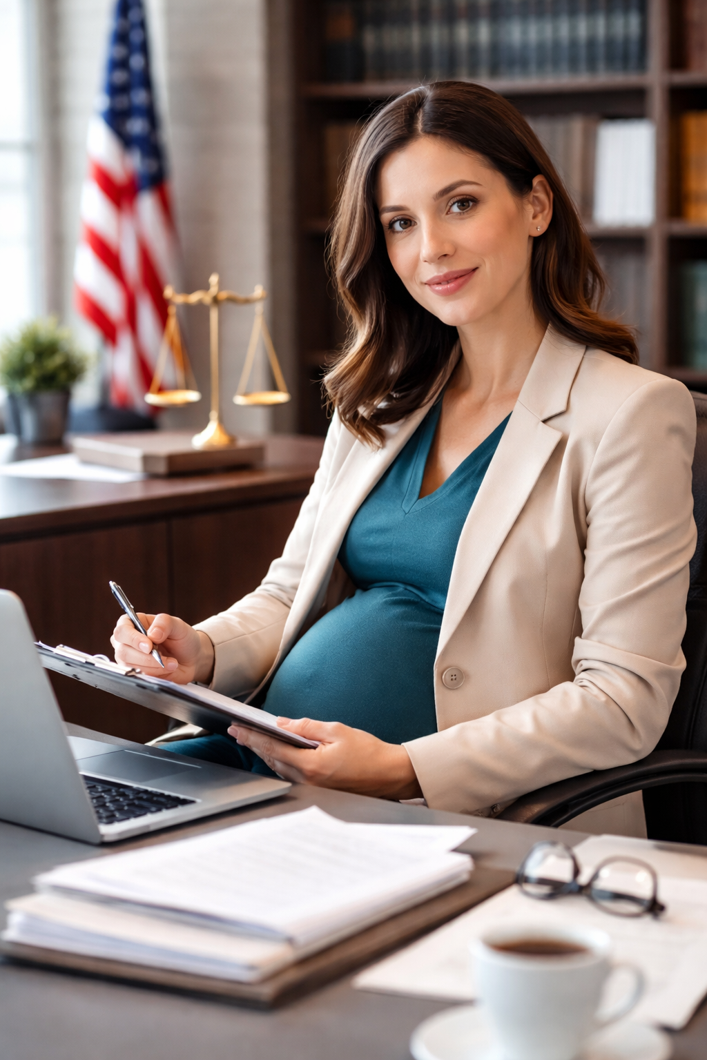 Professional pregnant employee reviewing workplace documents in a modern Texas office setting, illustrating legal protections for pregnancy discrimination, maternity leave, and workplace accommodations under federal and Texas law.