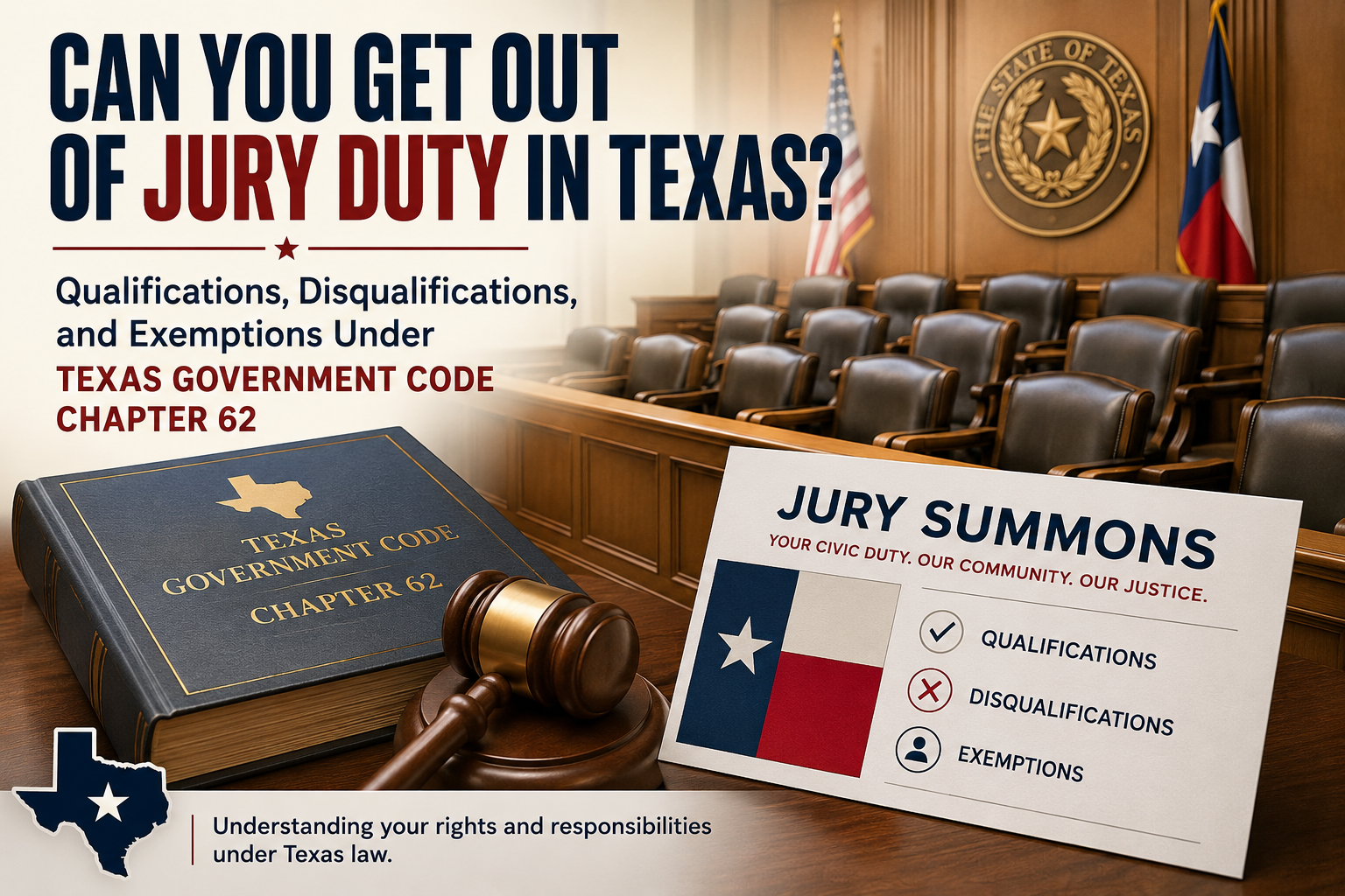 Texas jury duty legal graphic featuring an empty courtroom jury box, Texas and U.S. flags, a gavel, Texas Government Code Chapter 62, and a jury summons explaining qualifications, disqualifications, and exemptions from jury service in Texas.