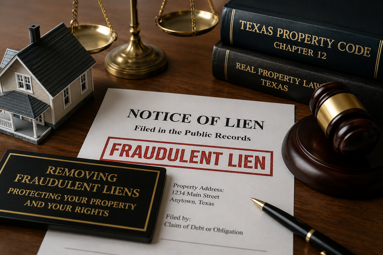6-3-2026 - hFraudulent lien against Texas property with legal documents, courthouse gavel, and home model illustrating Texas Property Code Chapter 12 remedies.ow to remove a fraudulent lien in texas - understanding texas property code ch 12.png