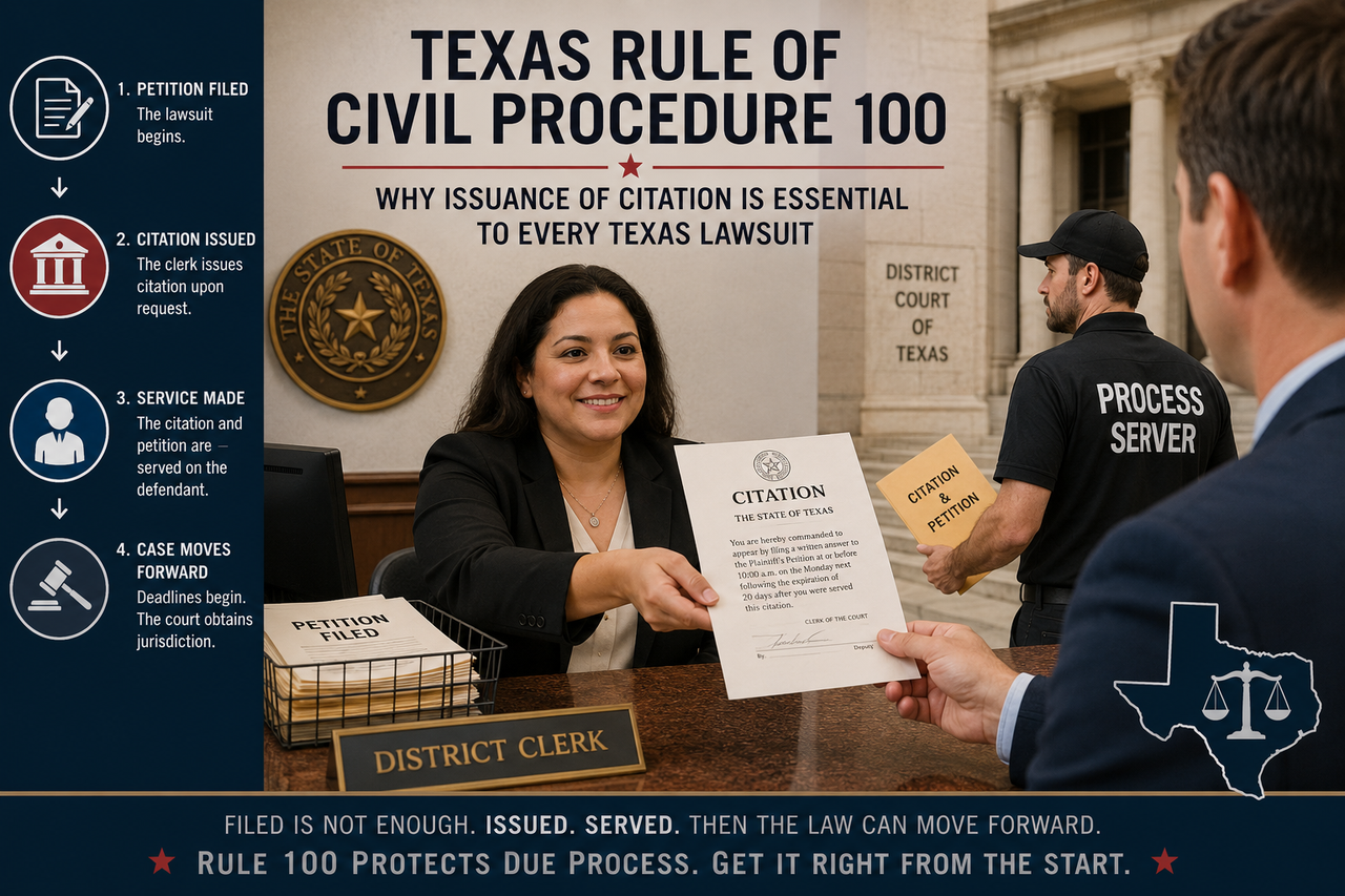Texas Rule of Civil Procedure 100 illustration showing a court clerk issuing citation, service of process, and the steps that begin a Texas civil lawsuit.