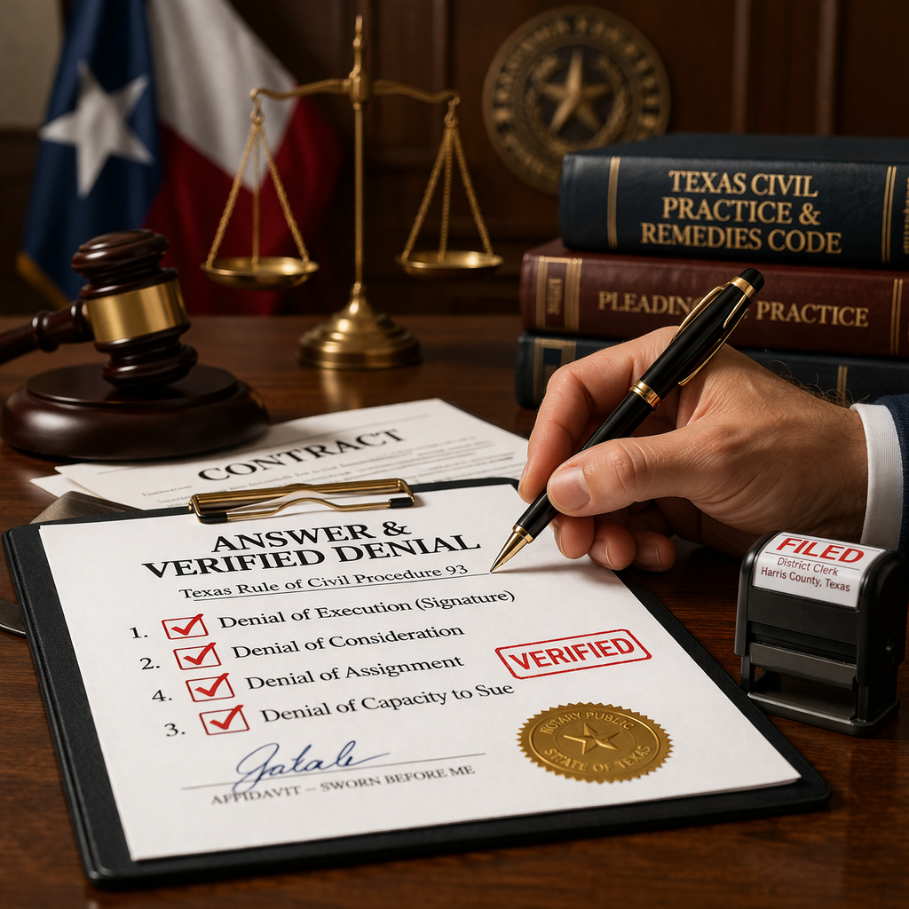 A Texas courtroom scene showing a lawyer reviewing pleadings with a highlighted affidavit section, symbolizing verified denials under Texas Rule of Civil Procedure 93 and the importance of sworn statements in civil litigation.