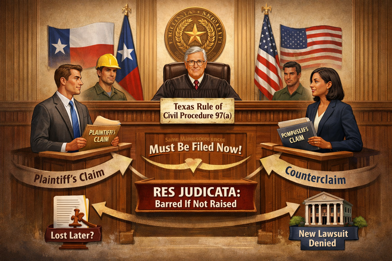 Illustration of a Texas courtroom scene showing two opposing parties presenting claims and counterclaims before a judge, symbolizing how Texas Rule of Civil Procedure 97 requires certain counterclaims arising from the same dispute to be brought within the same lawsuit.