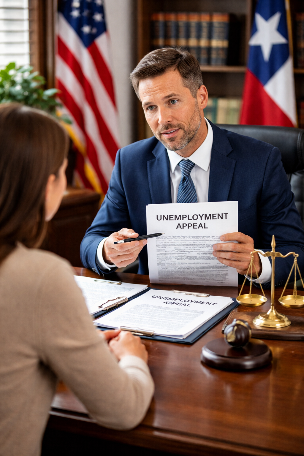 Texas attorney reviewing unemployment appeal documents with client in office, explaining Texas unemployment benefits eligibility and appeal rights under Texas Labor Code