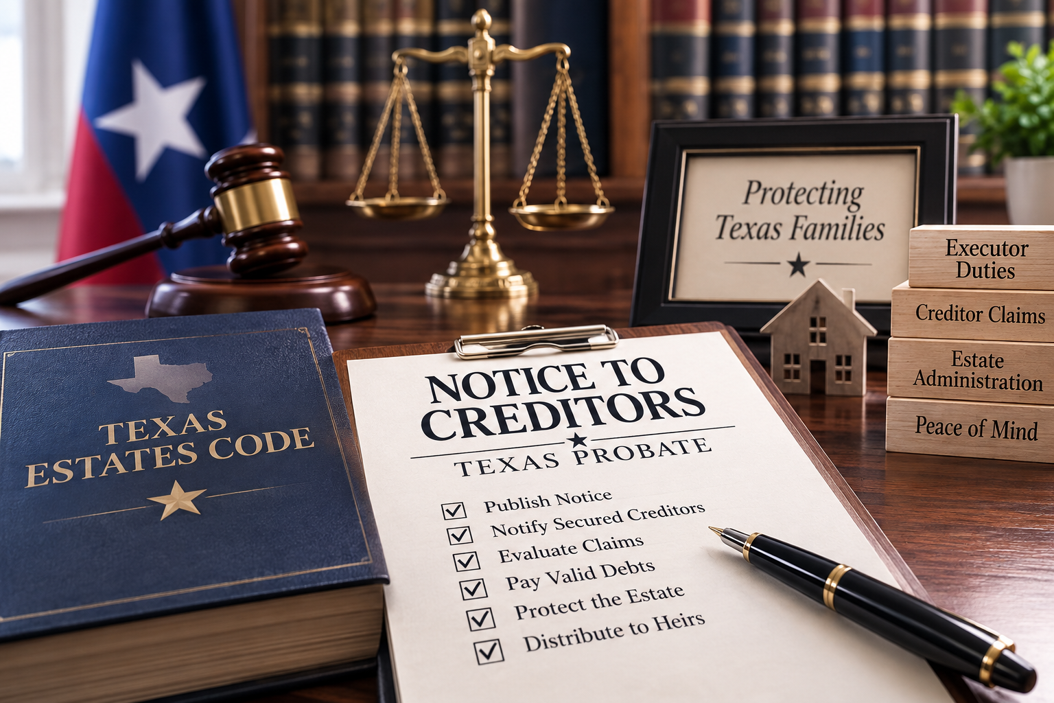 Professional Texas probate law office scene featuring a Notice to Creditors checklist on a clipboard, a Texas Estates Code book, gavel, scales of justice, and legal documents illustrating an executor's duties for notifying creditors and administering an estate under the Texas Estates Code.