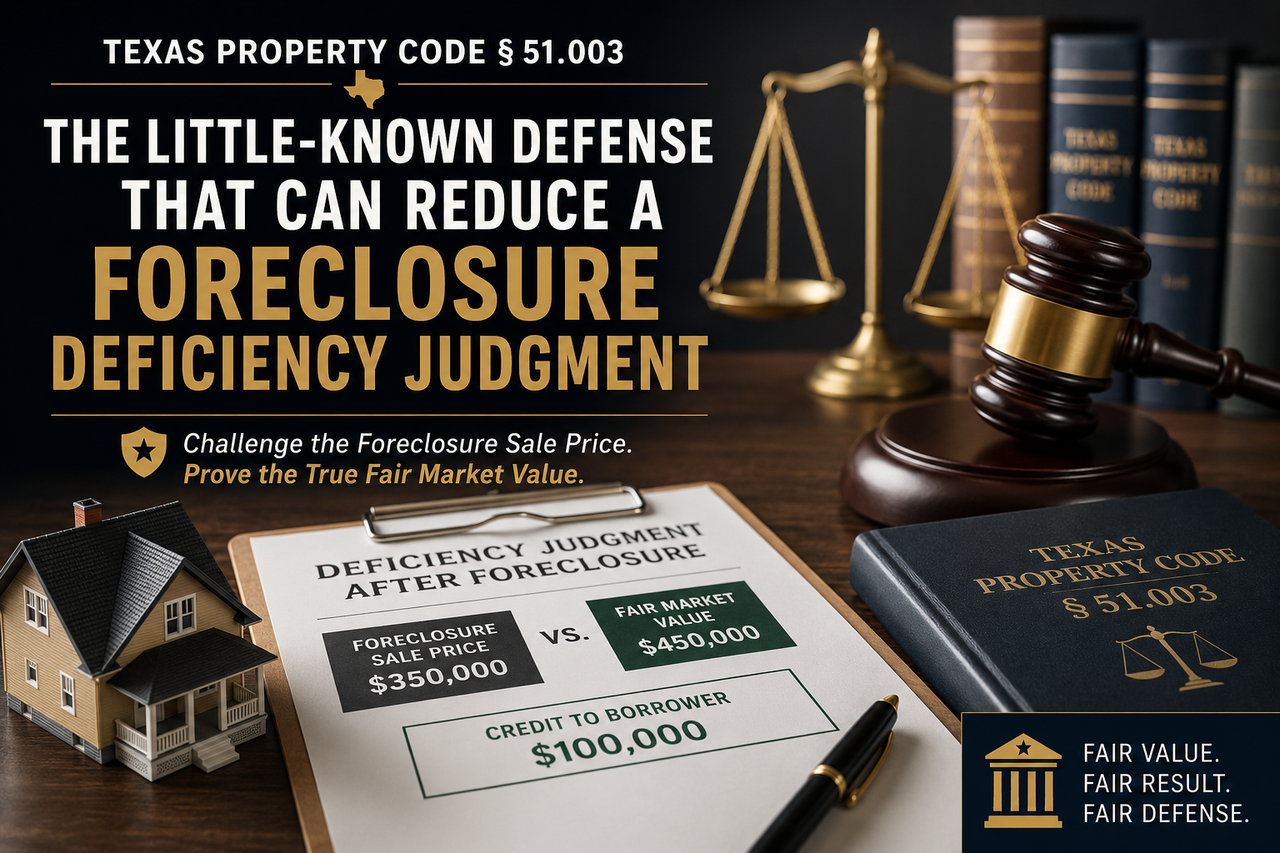 Texas Property Code Section 51.003 deficiency judgment defense after foreclosure, featuring a Texas flag, model home, judge's gavel, legal documents, and Texas Property Code book illustrating borrower rights to challenge foreclosure sale values and reduce foreclosure deficiency judgments in Texas.