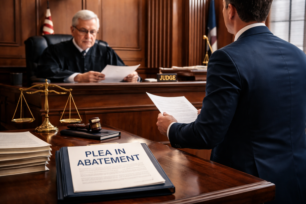 A Texas courtroom scene with a judge reviewing legal pleadings while an attorney argues a procedural motion to pause the case, symbolizing a plea in abatement.