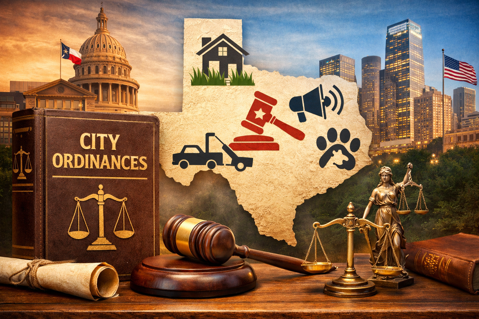 Illustration of Texas city ordinances showing a law book, judge’s gavel, and a map of Texas with icons representing local regulations such as noise laws, property maintenance, towing, and animal control.