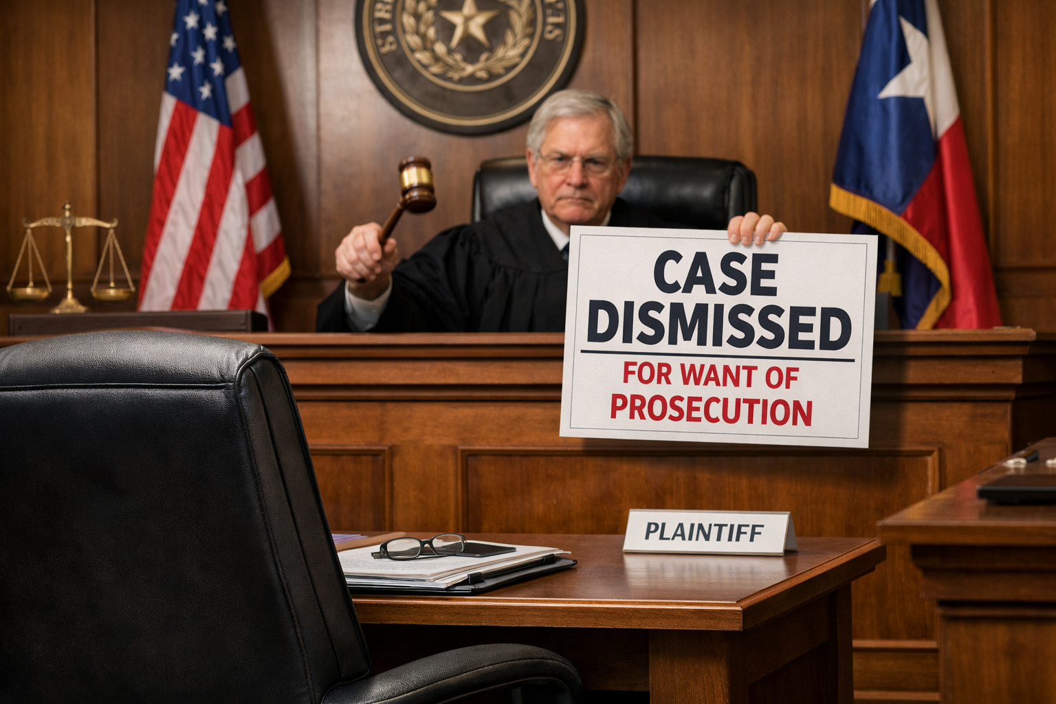 A Texas courtroom with an empty plaintiff’s table and a judge dismissing a case for inactivity, symbolizing dismissal for want of prosecution.