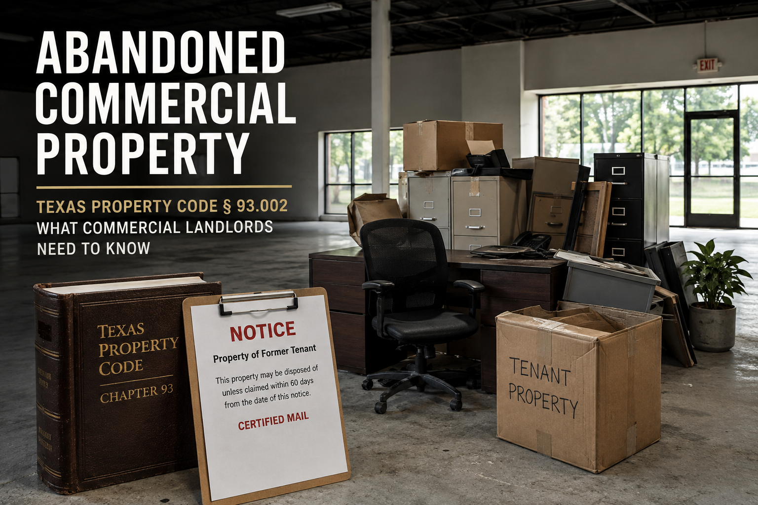 Abandoned commercial tenant property inside an empty Texas warehouse with office furniture, boxes, and filing cabinets, illustrating Texas Property Code § 93.002 and commercial landlord procedures for abandoned property.