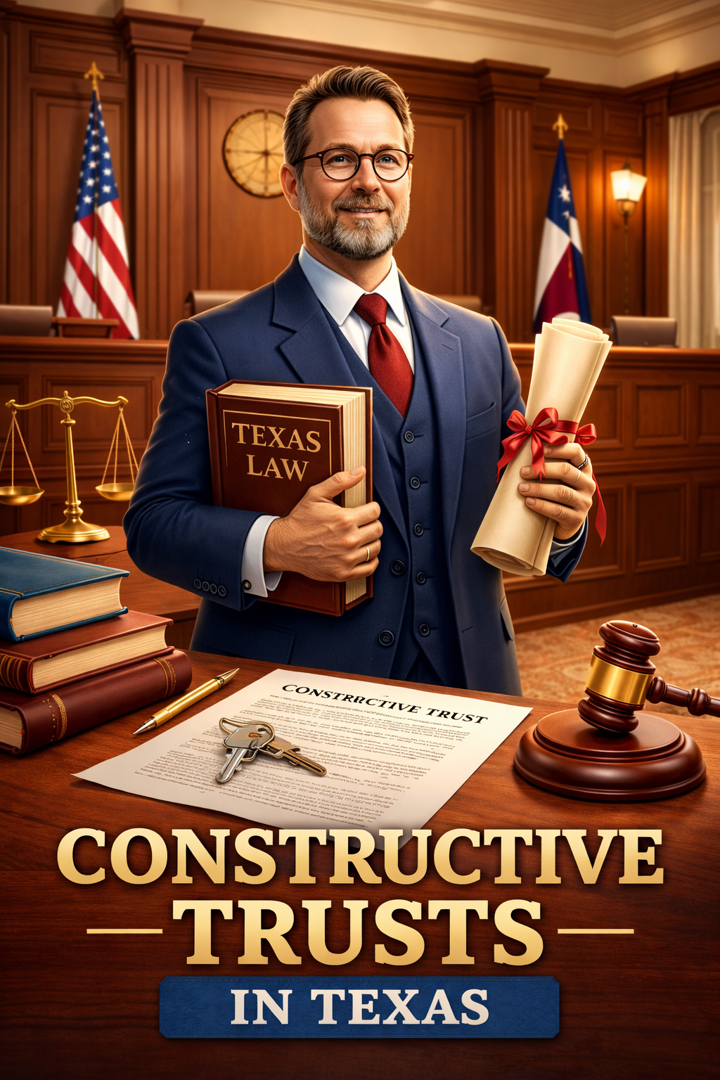 Texas courthouse representing constructive trust law and equitable remedies used to recover wrongfully obtained property