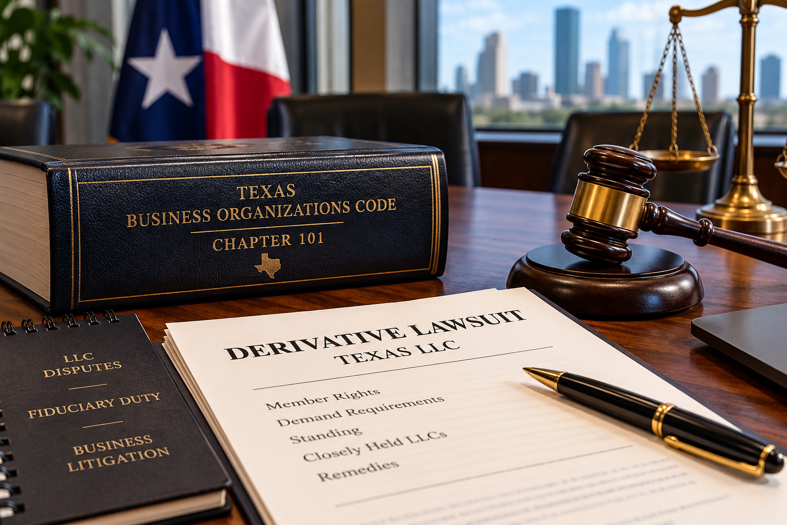 Texas Business Organizations Code Chapter 101 beside derivative lawsuit documents, a judge’s gavel, and scales of justice, illustrating Texas LLC member disputes and business litigation.