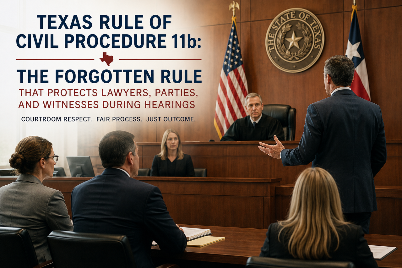 Texas Rule of Civil Procedure 11b courtroom illustration showing attorneys appearing before a Texas judge during a civil hearing. The image highlights courtroom professionalism, legal ethics, witness protection, litigation procedure, and judicial authority in Texas courts.