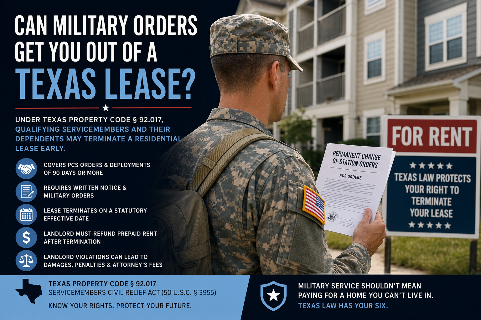 Texas servicemember holding permanent change of station orders outside an apartment complex, illustrating military lease termination rights under Texas Property Code § 92.017 and the Servicemembers Civil Relief Act.