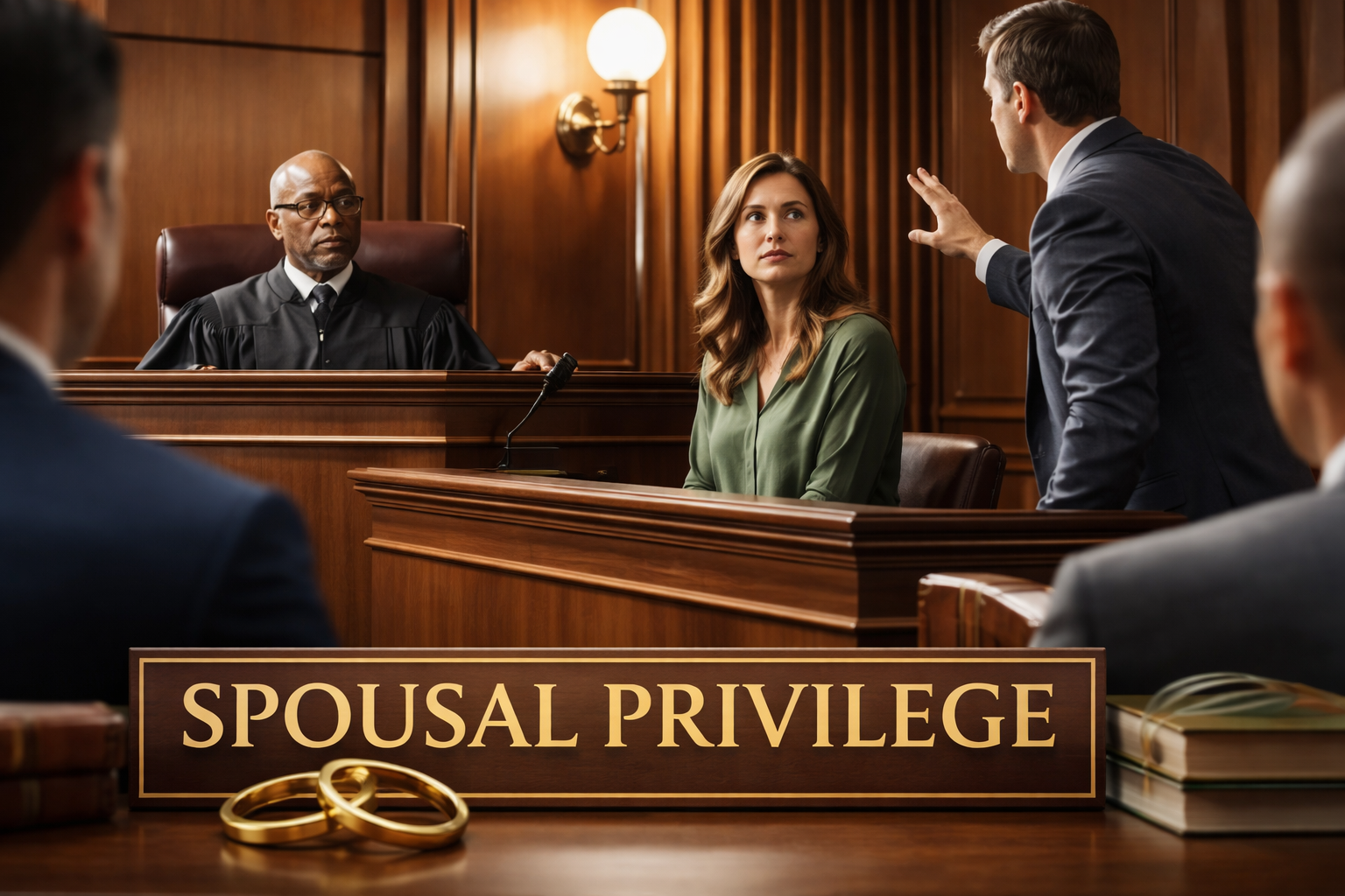 A courtroom scene where a witness hesitates on the stand while a judge considers an objection, symbolizing the legal barrier created by spousal privilege in Texas law.