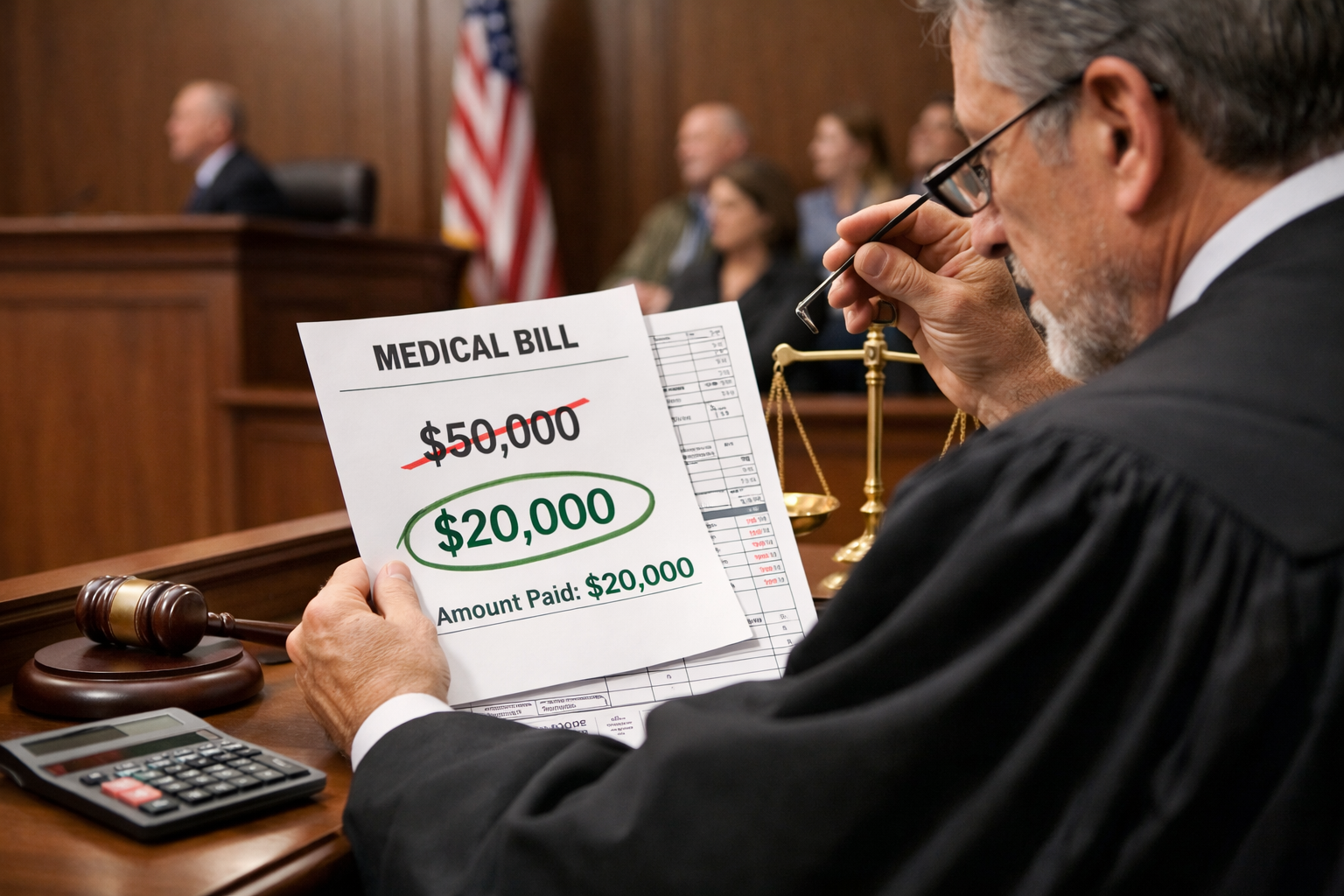 A courtroom scene with a judge reviewing medical billing documents, highlighting reduced amounts to reflect actual paid expenses under Texas law.