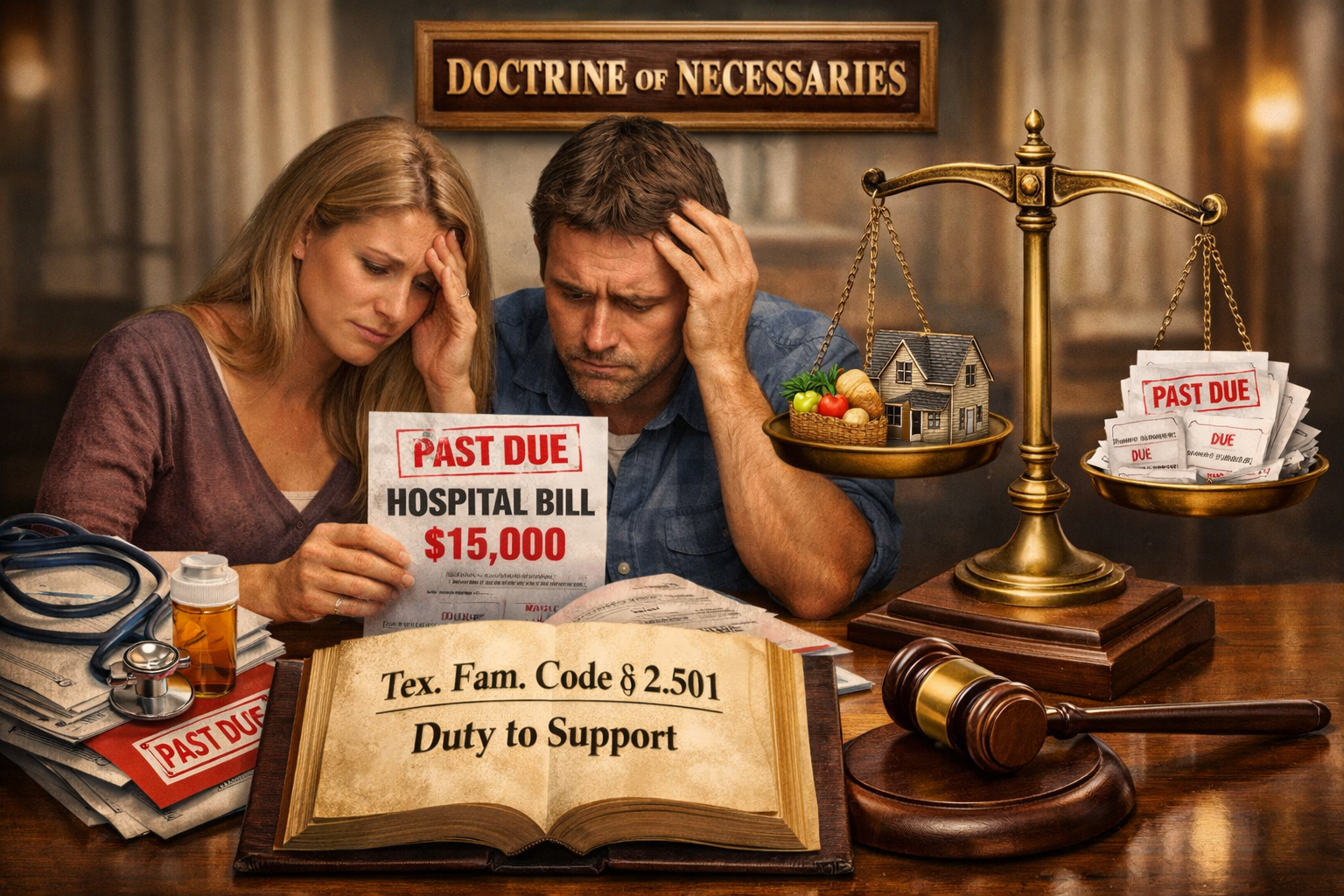 Conceptual image of a married couple with medical bills and legal scales representing spousal liability under Texas law