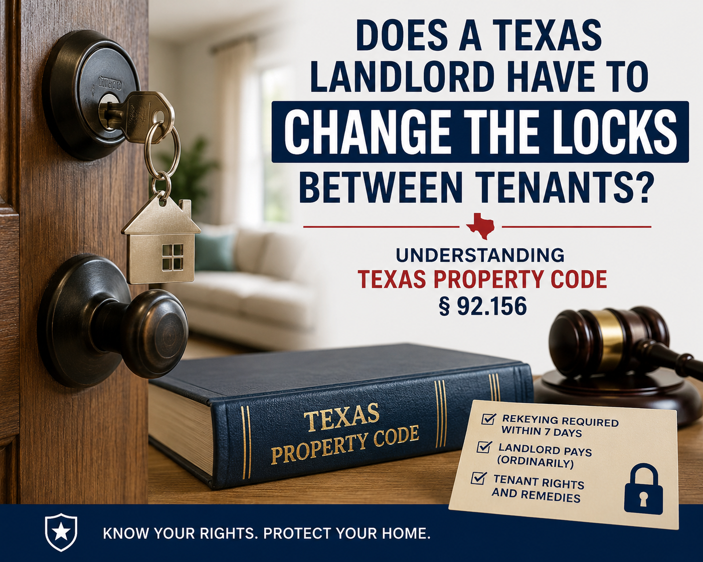 Texas rental property door lock and key with Texas Property Code book and gavel, illustrating landlord rekeying requirements between tenants under Texas Property Code § 92.156.
