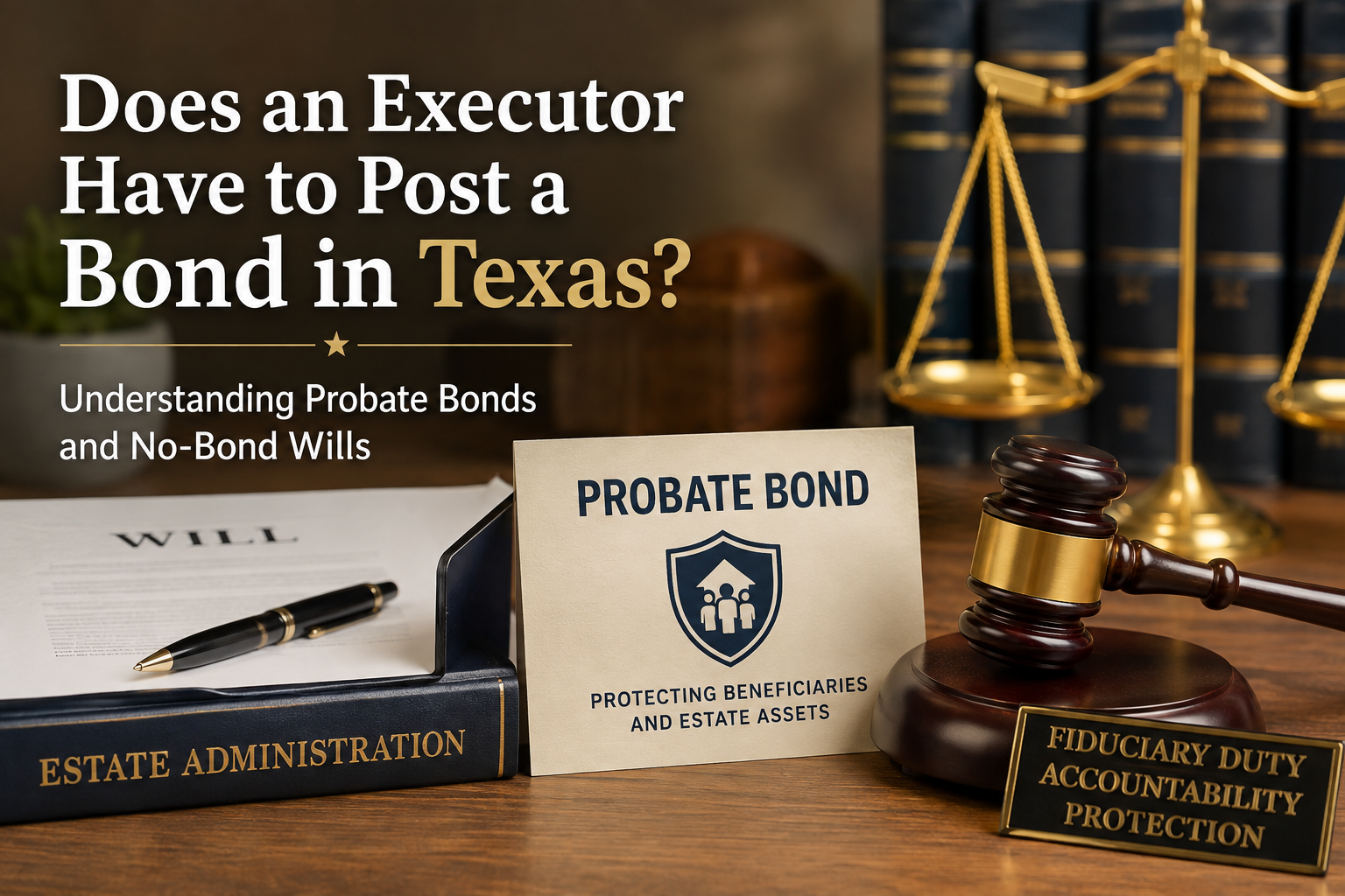 Texas probate law illustration featuring a will, probate bond document, estate administration materials, gavel, and scales of justice, explaining when a Texas executor may be required to post a bond.