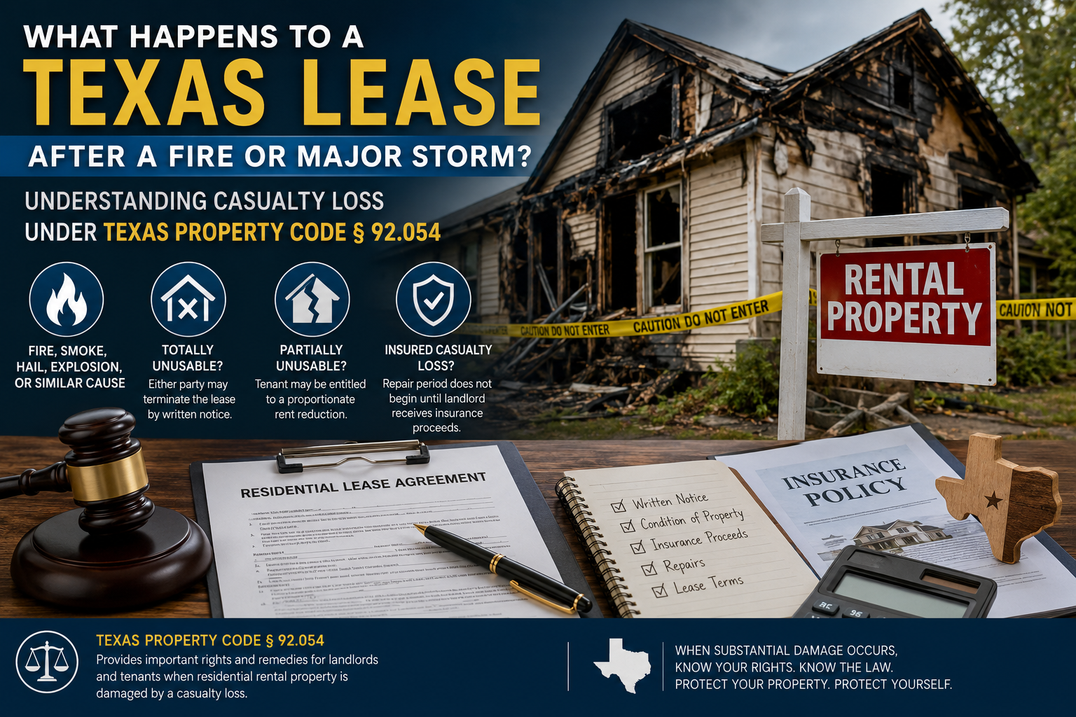 Texas landlord-tenant casualty loss infographic showing a fire-damaged rental home, residential lease, insurance policy, gavel, and Texas symbols, explaining lease termination, rent reduction, and insured casualty rules under Texas Property Code § 92.054.