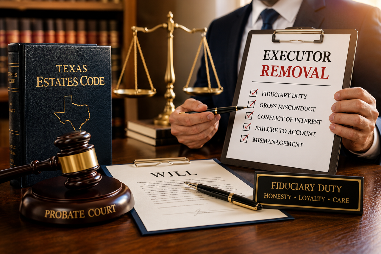 A professional Texas probate law scene featuring a judge's gavel, a Texas Estates Code volume, a signed will, and a clipboard labeled "Executor Removal" listing fiduciary duties, gross misconduct, conflicts of interest, failure to account, and mismanagement. The image symbolizes the legal standards governing the removal of executors and other personal representatives under the Texas Estates Code.