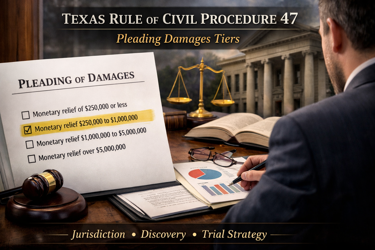 Texas civil litigation concept showing a legal pleading document with highlighted damages tiers, a courthouse in the background, and a lawyer analyzing case strategy—representing how damage ranges under Texas Rule of Civil Procedure 47 shape litigation outcomes.