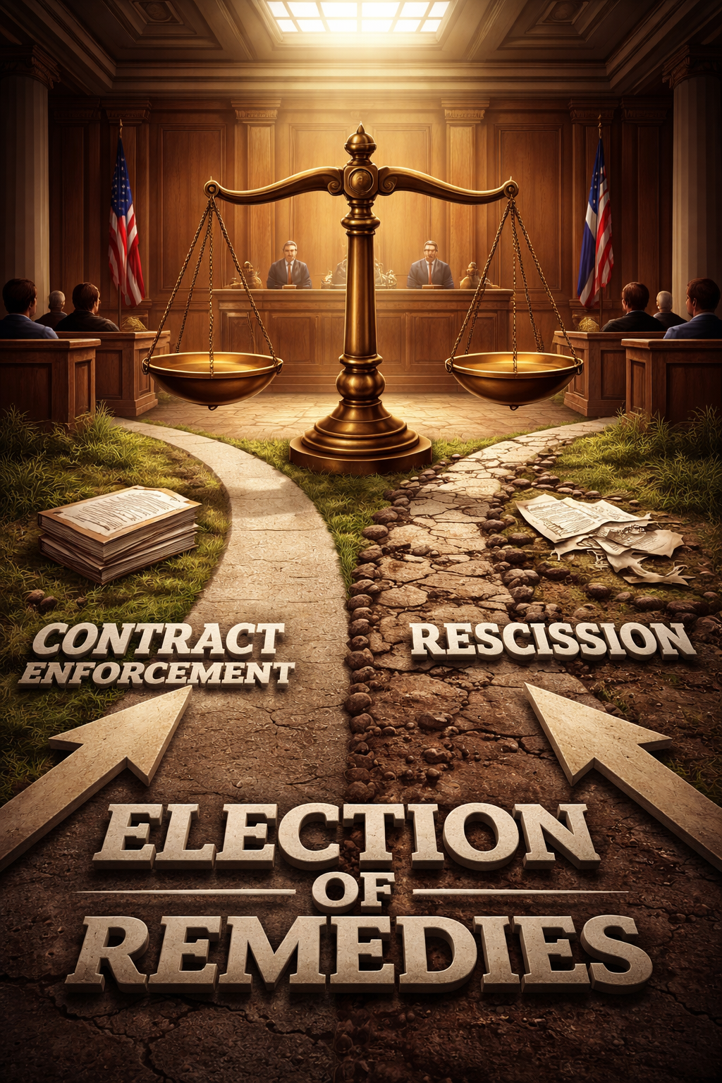 A Texas courtroom scene illustrating competing legal paths—contract enforcement vs. rescission—symbolizing the election of remedies doctrine.