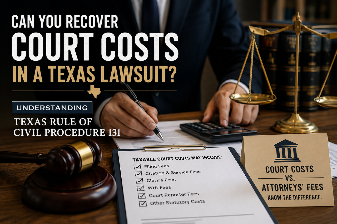 A professional legal-themed illustration depicting a Texas civil lawsuit over court costs. A judge's gavel, scales of justice, legal books, calculator, and court documents surround an attorney reviewing paperwork. Prominent text highlights recovering court costs under Texas Rule of Civil Procedure 131, while a checklist of taxable court costs and a reminder that court costs differ from attorneys' fees reinforce the article's educational focus.