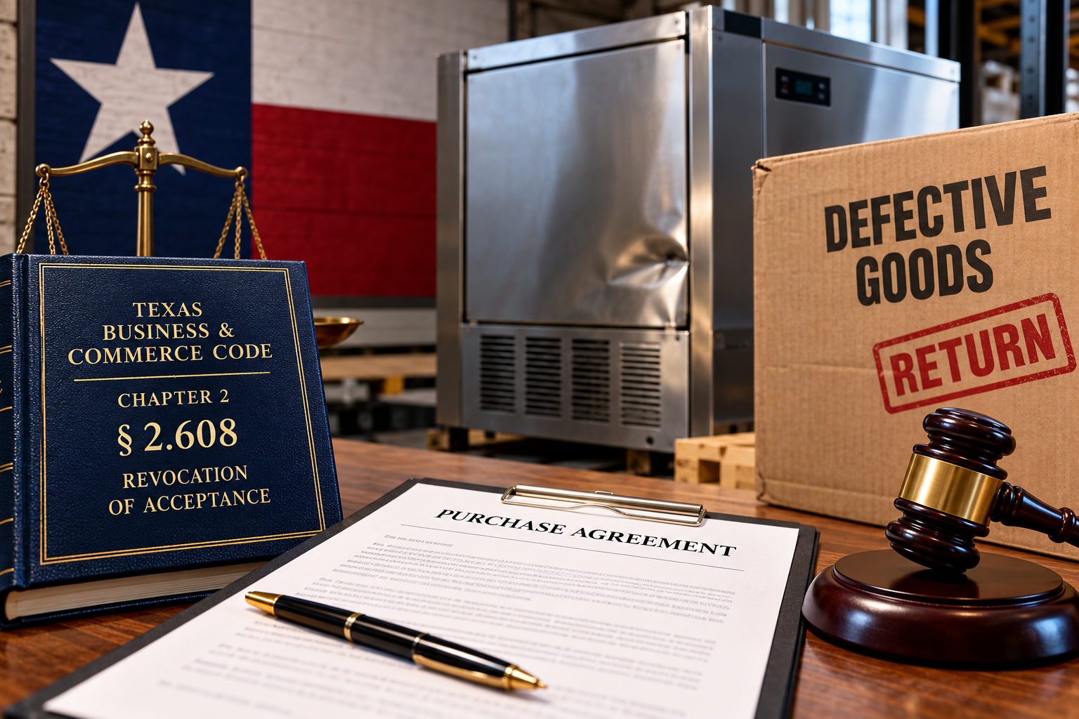 Texas Business & Commerce Code § 2.608 illustrated with defective commercial equipment, a purchase agreement, scales of justice, and a judge’s gavel, representing revocation of acceptance and buyer remedies under Texas law.