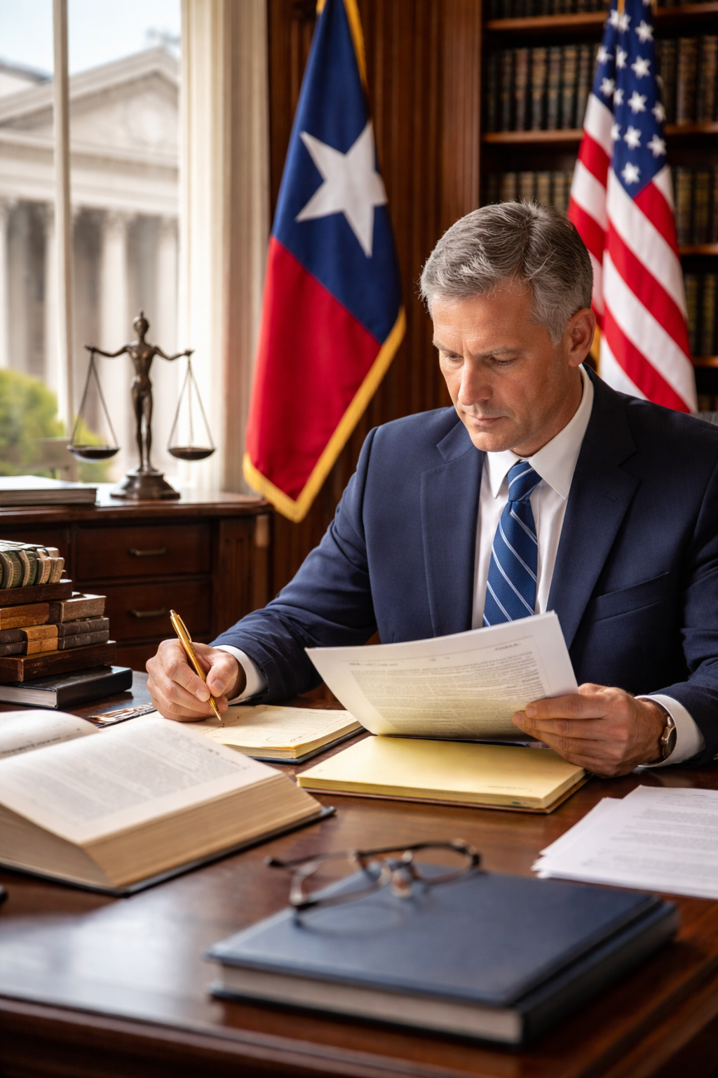 Texas homeowner reviewing transfer on death deed documents at a kitchen table with real estate paperwork and courthouse in background, illustrating probate avoidance under Texas estate law