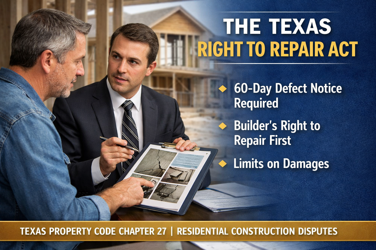 Texas homeowner reviewing construction defects with attorney under Texas Right to Repair Act, residential construction dispute, Texas Property Code Chapter 27