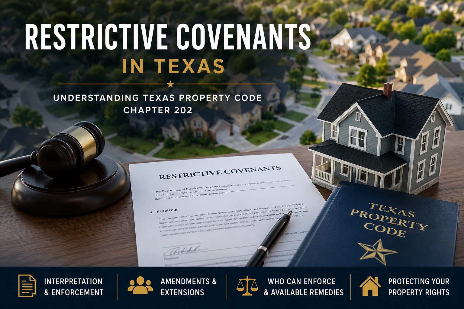 Aerial view of a Texas residential subdivision with highlighted property boundaries, symbolizing restrictive covenants, deed restrictions, and homeowners association enforcement under Texas Property Code Chapter 202.