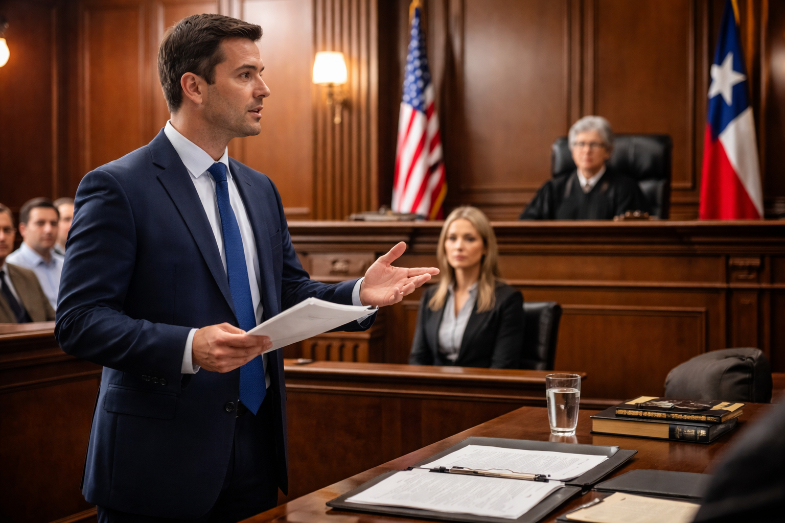 A courtroom scene in Texas where an attorney presents evidence while a judge evaluates admissibility, symbolizing the state of mind hearsay exception and the strategic use of intent and emotional condition in litigation.