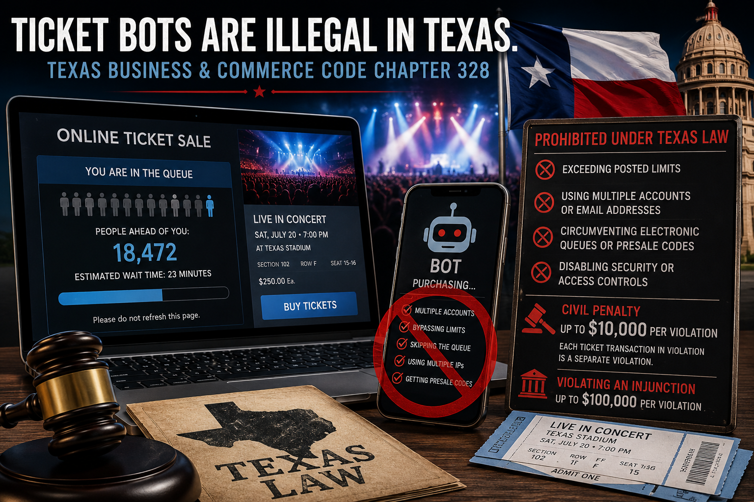 Texas ticket bot law illustration showing an online concert ticket queue, automated purchasing bot, Texas flag, gavel, event tickets, and civil penalties under Texas Business and Commerce Code Chapter 328.