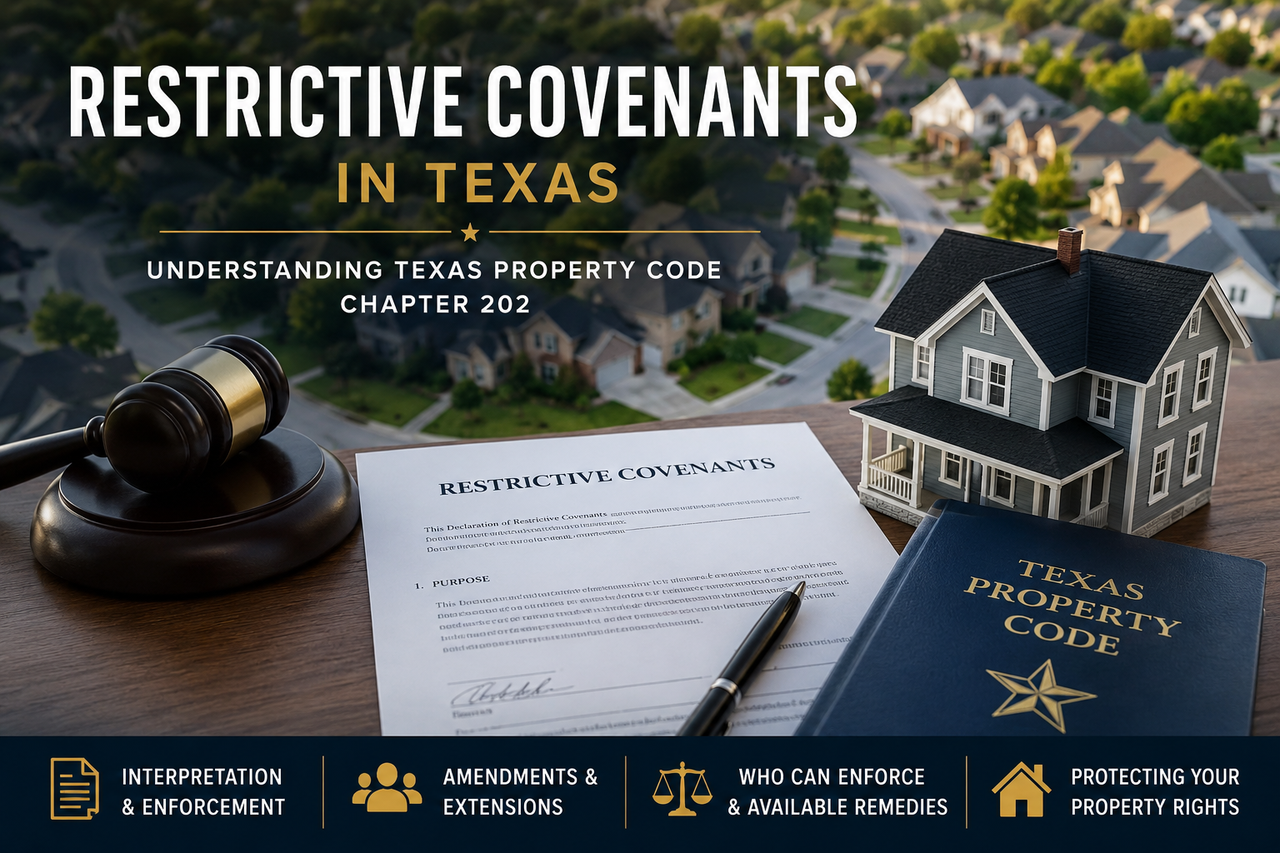 Aerial view of a Texas residential subdivision with highlighted property boundaries, symbolizing restrictive covenants, deed restrictions, and homeowners association enforcement under Texas Property Code Chapter 202.