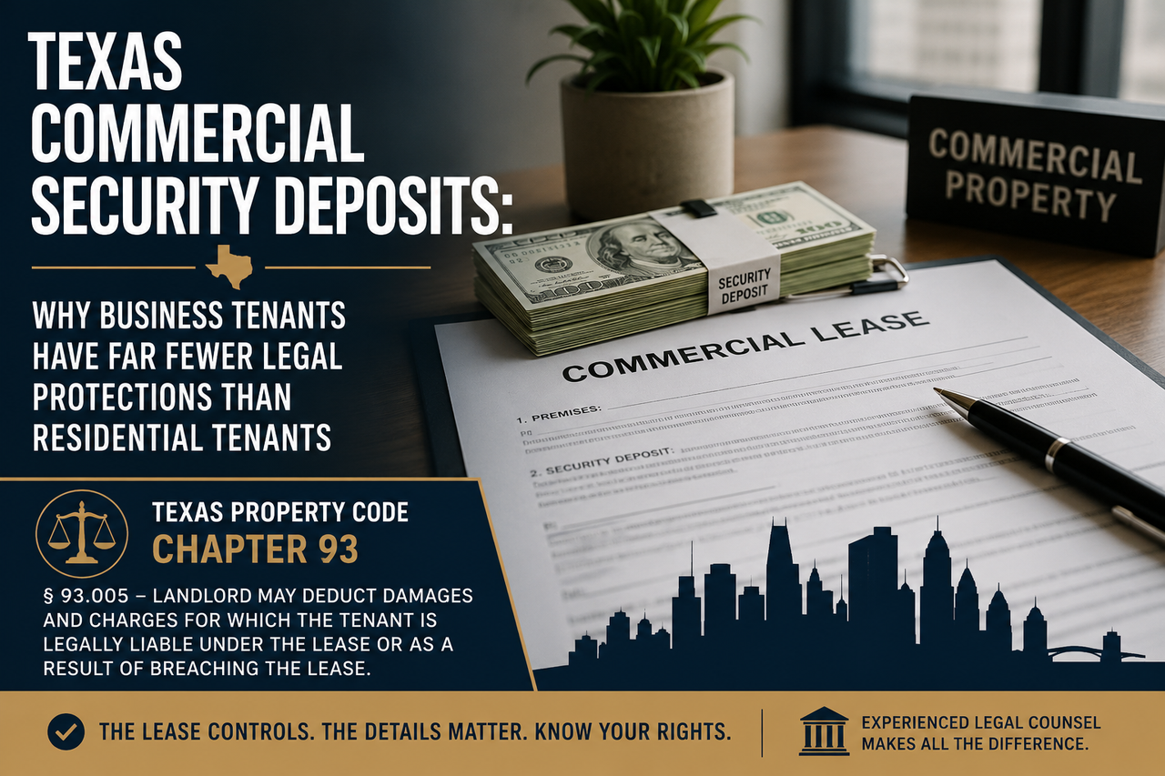 A professional legal graphic illustrating Texas commercial security deposits. A commercial lease agreement sits on a desk beside a stack of cash labeled "Security Deposit," with a pen and an office setting in the background. Bold text highlights Texas Property Code Chapter 93 and explains that commercial business tenants generally have fewer statutory protections than residential tenants regarding security deposits.