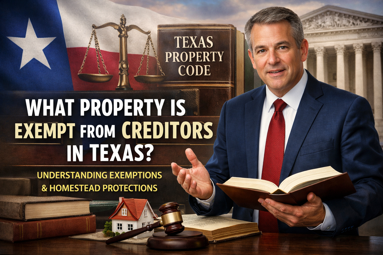 Texas attorney explaining exempt property protections and homestead rights under the Texas Property Code, with courthouse and law books in background, illustrating creditor and judgment defense laws in Texas